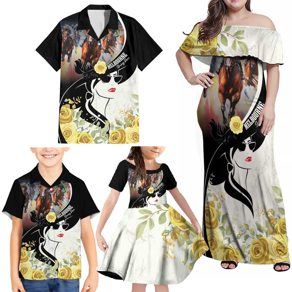 Melbourne Horse Racing Family Matching Off Shoulder Maxi Dress and Hawaiian Shirt Derby Day