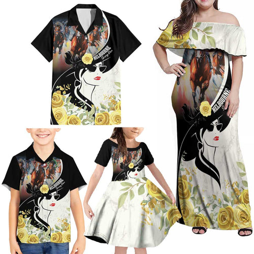 Melbourne Horse Racing Family Matching Off Shoulder Maxi Dress and Hawaiian Shirt Derby Day