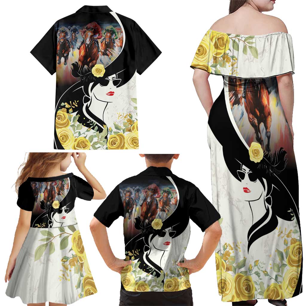 Melbourne Horse Racing Family Matching Off Shoulder Maxi Dress and Hawaiian Shirt Derby Day