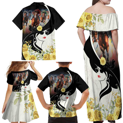 Melbourne Horse Racing Family Matching Off Shoulder Maxi Dress and Hawaiian Shirt Derby Day