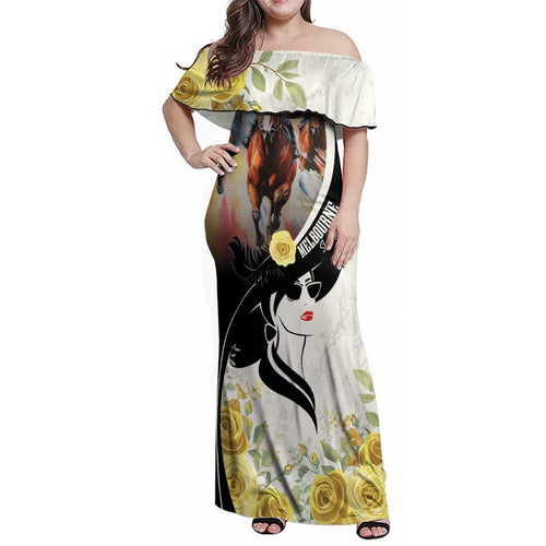 Melbourne Horse Racing Family Matching Off Shoulder Maxi Dress and Hawaiian Shirt Derby Day