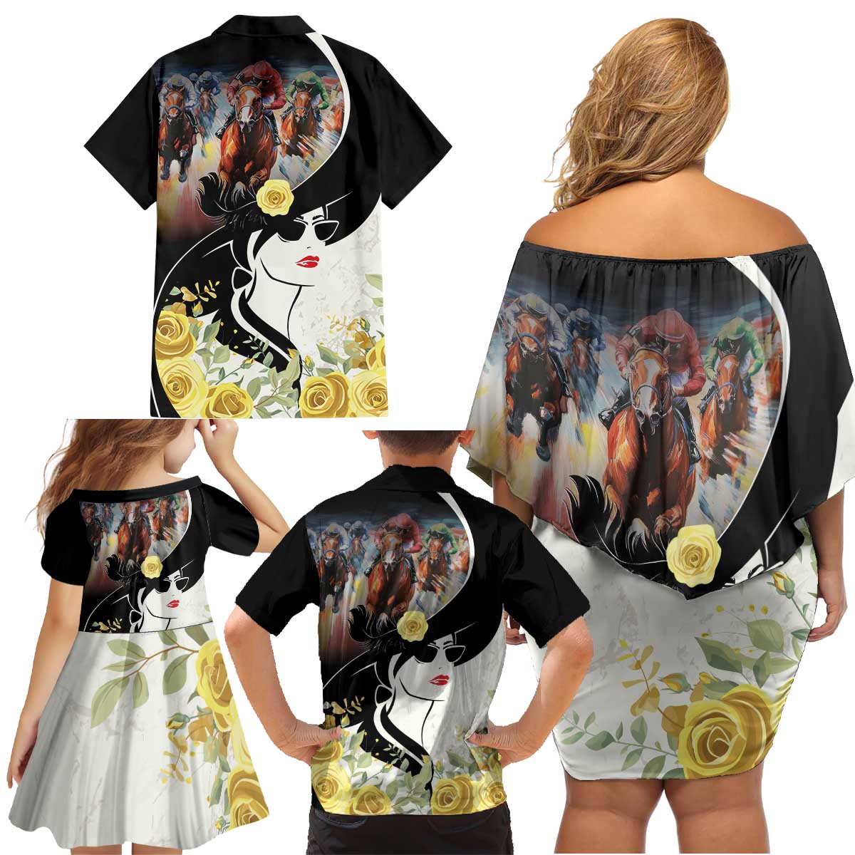 Melbourne Horse Racing Family Matching Off Shoulder Short Dress and Hawaiian Shirt Derby Day