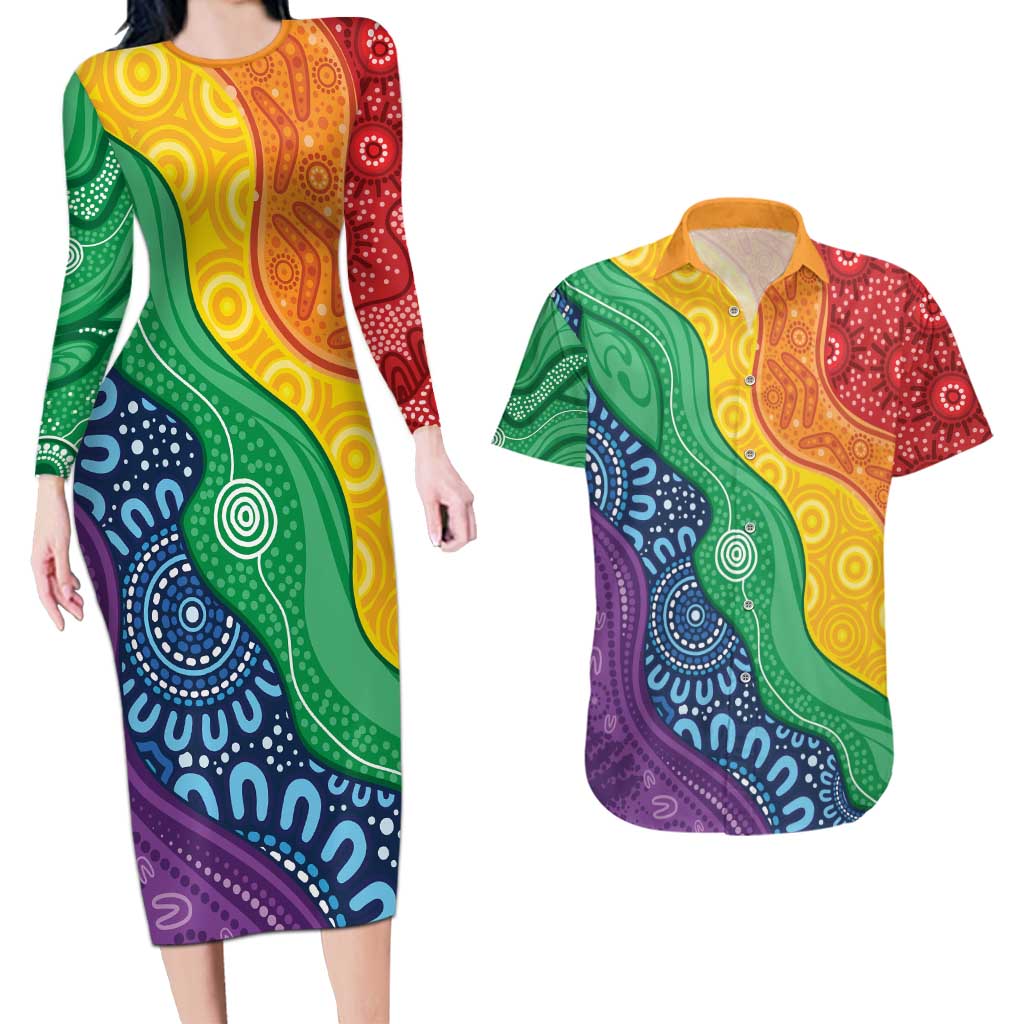 Australia First Nation LGBTQ+ Couples Matching Long Sleeve Bodycon Dress and Hawaiian Shirt Aboriginal Rainbow Flag
