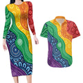 Australia First Nation LGBTQ+ Couples Matching Long Sleeve Bodycon Dress and Hawaiian Shirt Aboriginal Rainbow Flag