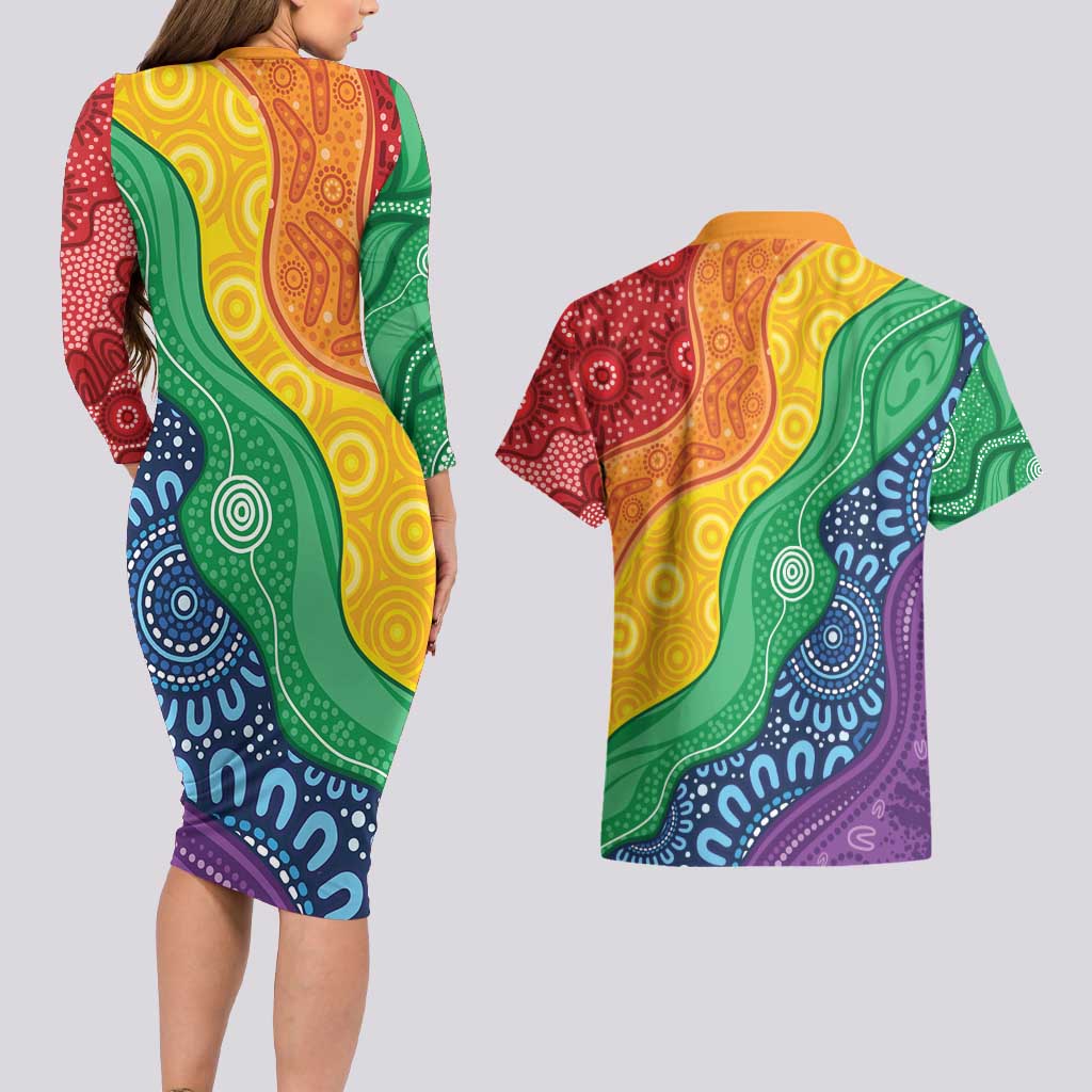 Australia First Nation LGBTQ+ Couples Matching Long Sleeve Bodycon Dress and Hawaiian Shirt Aboriginal Rainbow Flag
