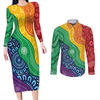Australia First Nation LGBTQ+ Couples Matching Long Sleeve Bodycon Dress and Long Sleeve Button Shirt Aboriginal Rainbow Flag