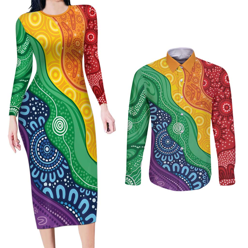 Australia First Nation LGBTQ+ Couples Matching Long Sleeve Bodycon Dress and Long Sleeve Button Shirt Aboriginal Rainbow Flag