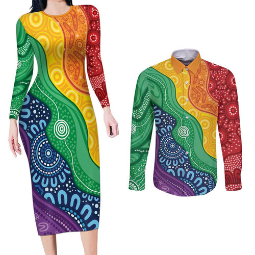 Australia First Nation LGBTQ+ Couples Matching Long Sleeve Bodycon Dress and Long Sleeve Button Shirt Aboriginal Rainbow Flag