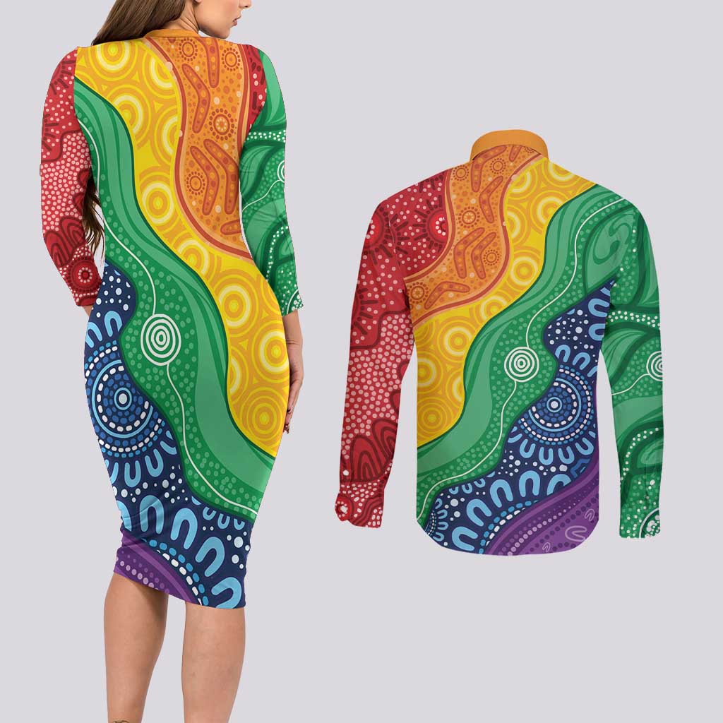 Australia First Nation LGBTQ+ Couples Matching Long Sleeve Bodycon Dress and Long Sleeve Button Shirt Aboriginal Rainbow Flag