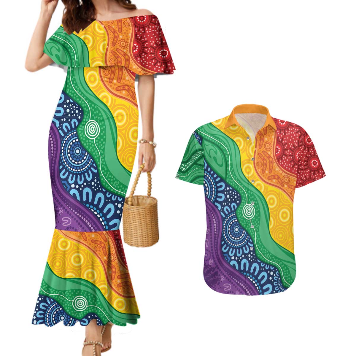 Australia First Nation LGBTQ+ Couples Matching Mermaid Dress and Hawaiian Shirt Aboriginal Rainbow Flag