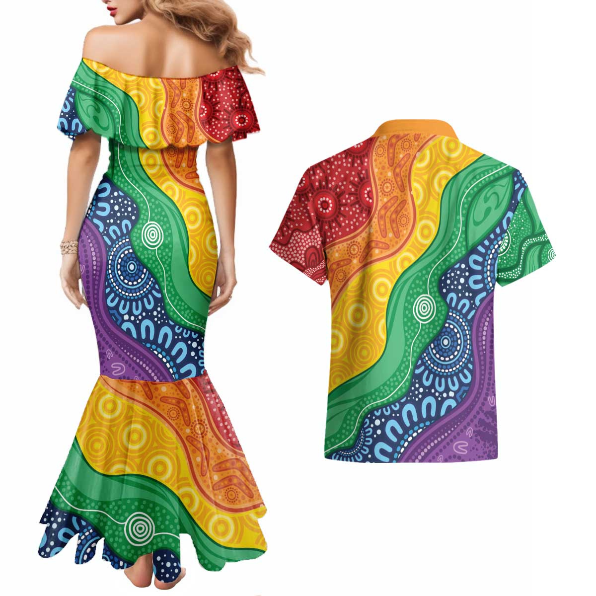 Australia First Nation LGBTQ+ Couples Matching Mermaid Dress and Hawaiian Shirt Aboriginal Rainbow Flag