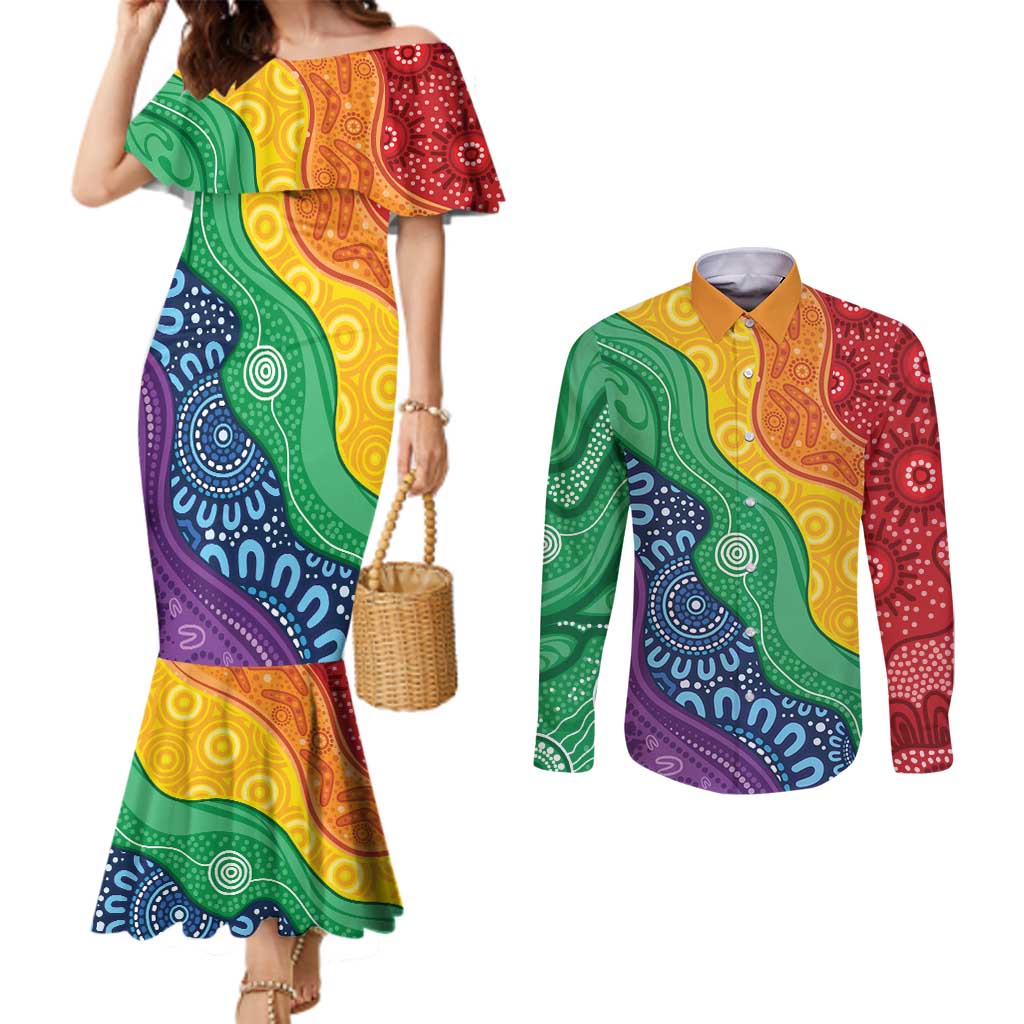 Australia First Nation LGBTQ+ Couples Matching Mermaid Dress and Long Sleeve Button Shirt Aboriginal Rainbow Flag