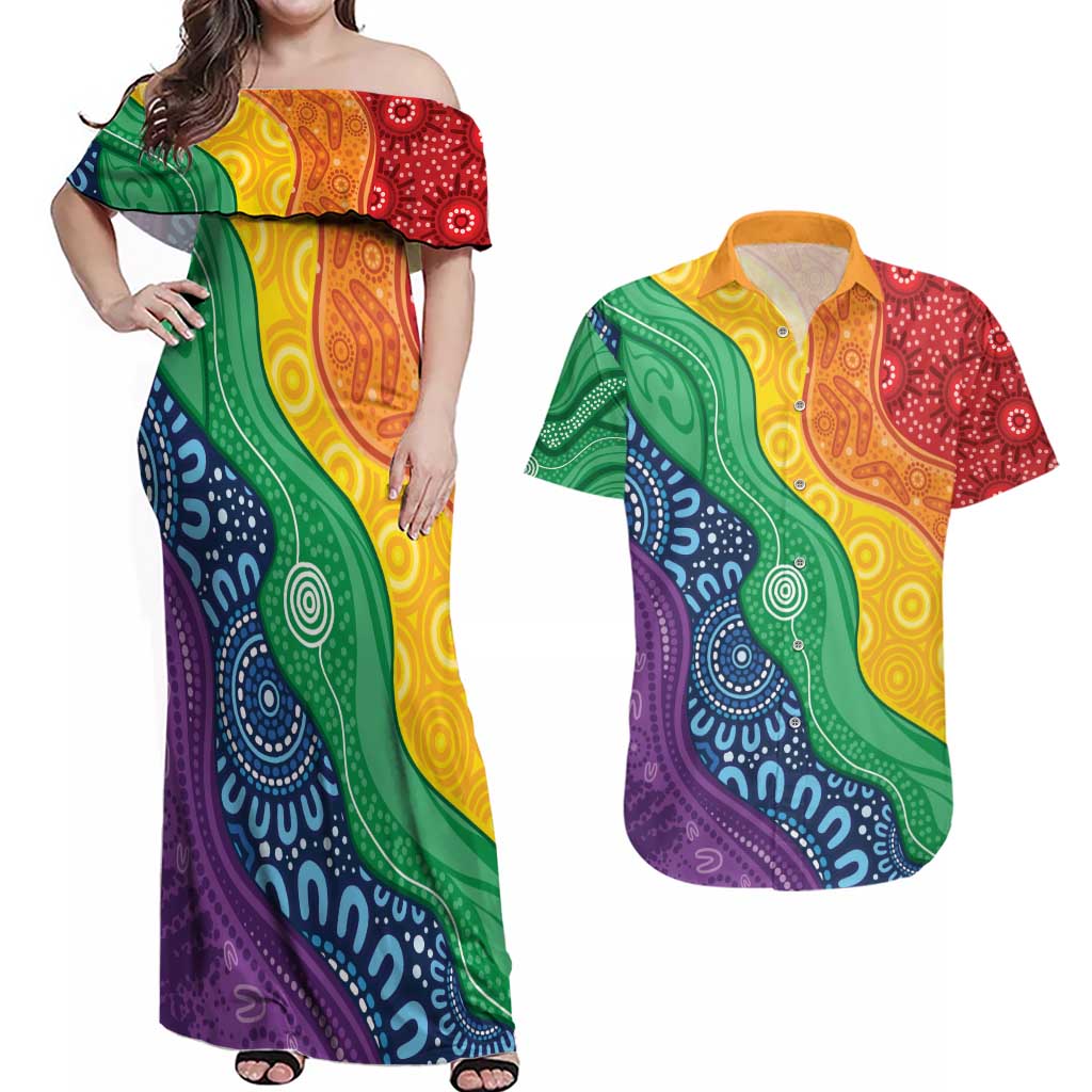 Australia First Nation LGBTQ+ Couples Matching Off Shoulder Maxi Dress and Hawaiian Shirt Aboriginal Rainbow Flag