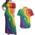 Australia First Nation LGBTQ+ Couples Matching Off Shoulder Maxi Dress and Hawaiian Shirt Aboriginal Rainbow Flag