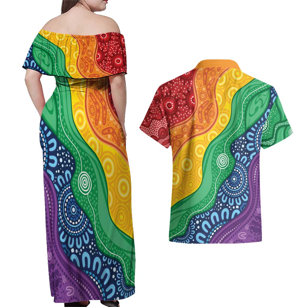 Australia First Nation LGBTQ+ Couples Matching Off Shoulder Maxi Dress and Hawaiian Shirt Aboriginal Rainbow Flag