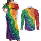 Australia First Nation LGBTQ+ Couples Matching Off Shoulder Maxi Dress and Long Sleeve Button Shirt Aboriginal Rainbow Flag