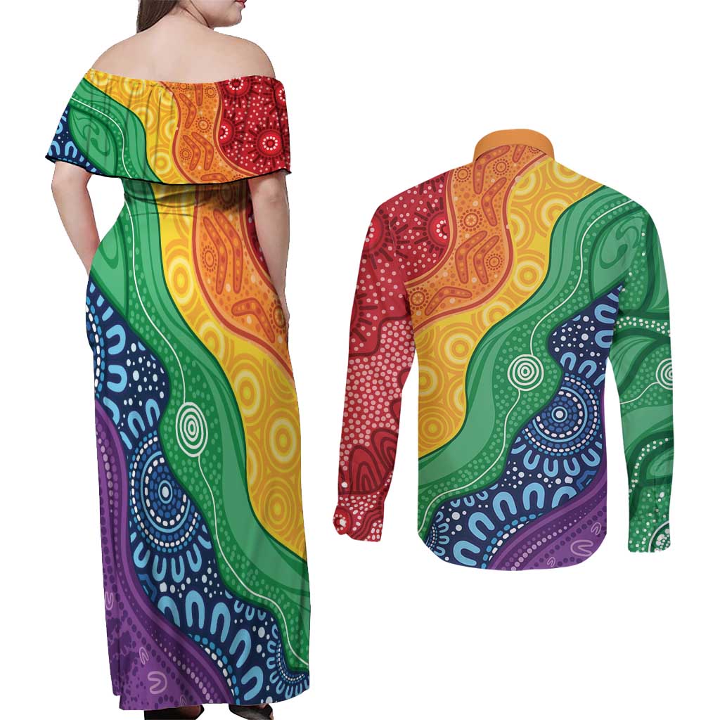 Australia First Nation LGBTQ+ Couples Matching Off Shoulder Maxi Dress and Long Sleeve Button Shirt Aboriginal Rainbow Flag