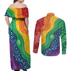 Australia First Nation LGBTQ+ Couples Matching Off Shoulder Maxi Dress and Long Sleeve Button Shirt Aboriginal Rainbow Flag