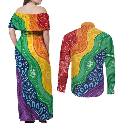 Australia First Nation LGBTQ+ Couples Matching Off Shoulder Maxi Dress and Long Sleeve Button Shirt Aboriginal Rainbow Flag