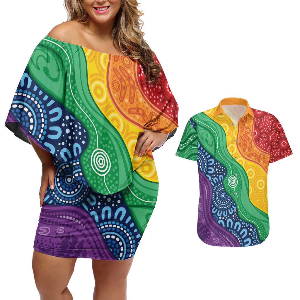 Australia First Nation LGBTQ+ Couples Matching Off Shoulder Short Dress and Hawaiian Shirt Aboriginal Rainbow Flag