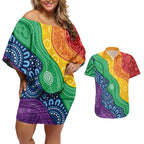 Australia First Nation LGBTQ+ Couples Matching Off Shoulder Short Dress and Hawaiian Shirt Aboriginal Rainbow Flag