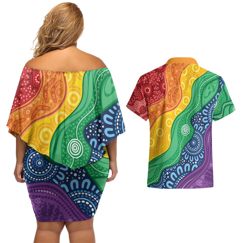 Australia First Nation LGBTQ+ Couples Matching Off Shoulder Short Dress and Hawaiian Shirt Aboriginal Rainbow Flag