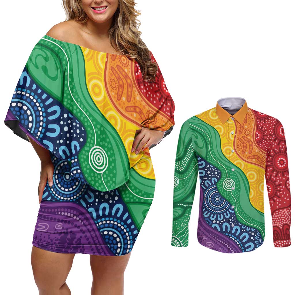 Australia First Nation LGBTQ+ Couples Matching Off Shoulder Short Dress and Long Sleeve Button Shirt Aboriginal Rainbow Flag