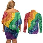 Australia First Nation LGBTQ+ Couples Matching Off Shoulder Short Dress and Long Sleeve Button Shirt Aboriginal Rainbow Flag