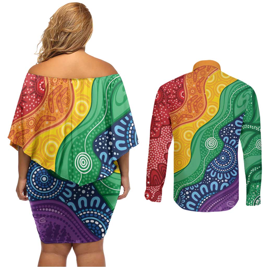 Australia First Nation LGBTQ+ Couples Matching Off Shoulder Short Dress and Long Sleeve Button Shirt Aboriginal Rainbow Flag