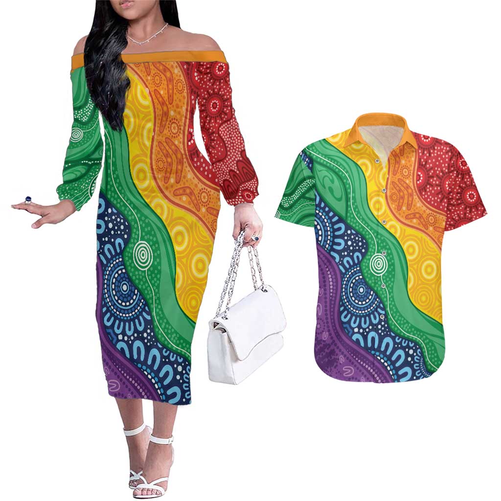 Australia First Nation LGBTQ+ Couples Matching Off The Shoulder Long Sleeve Dress and Hawaiian Shirt Aboriginal Rainbow Flag