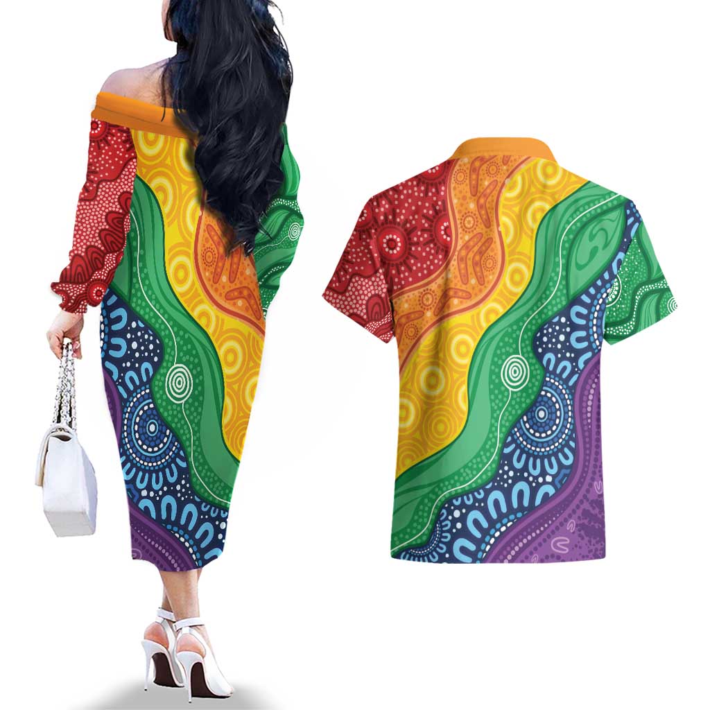 Australia First Nation LGBTQ+ Couples Matching Off The Shoulder Long Sleeve Dress and Hawaiian Shirt Aboriginal Rainbow Flag