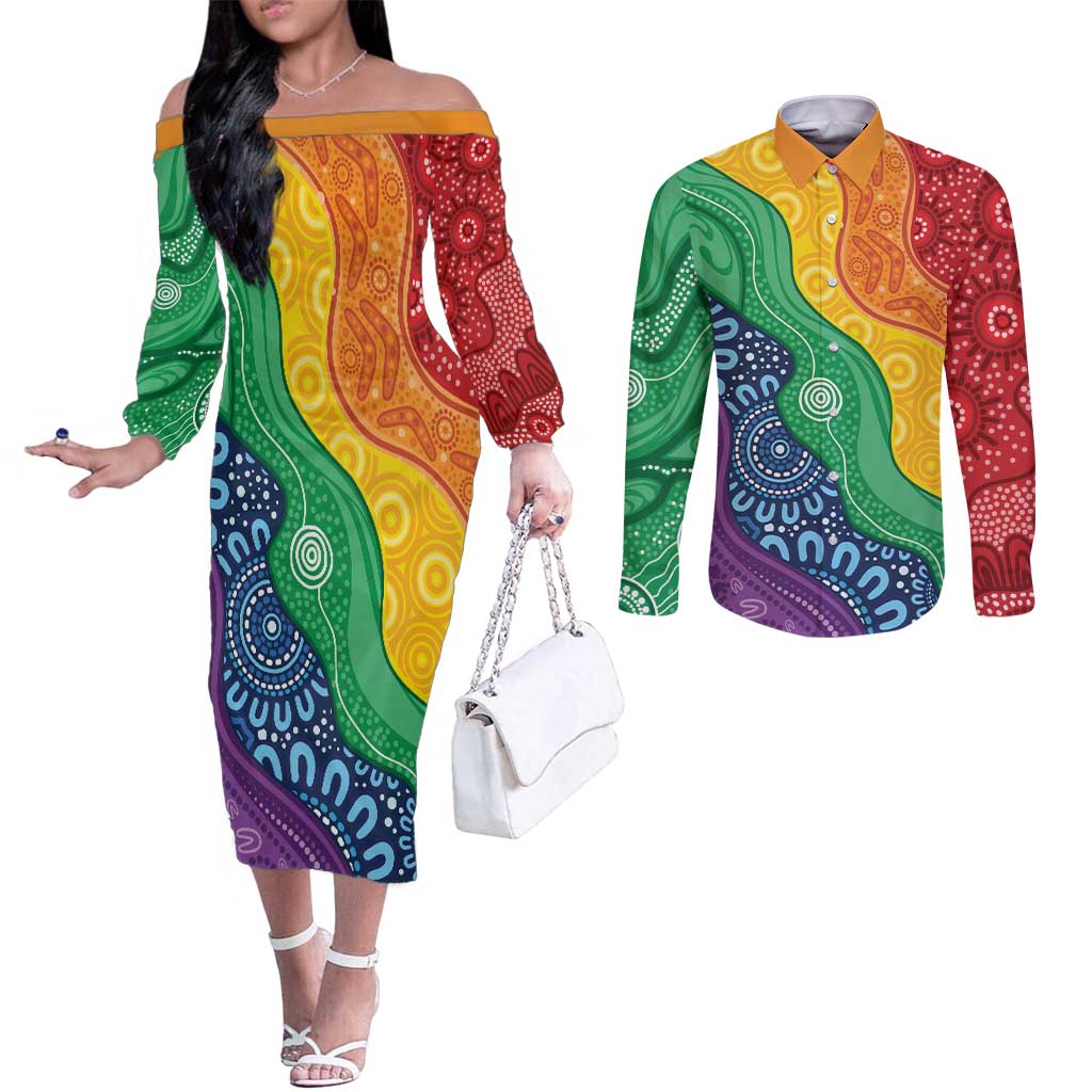 Australia First Nation LGBTQ+ Couples Matching Off The Shoulder Long Sleeve Dress and Long Sleeve Button Shirt Aboriginal Rainbow Flag
