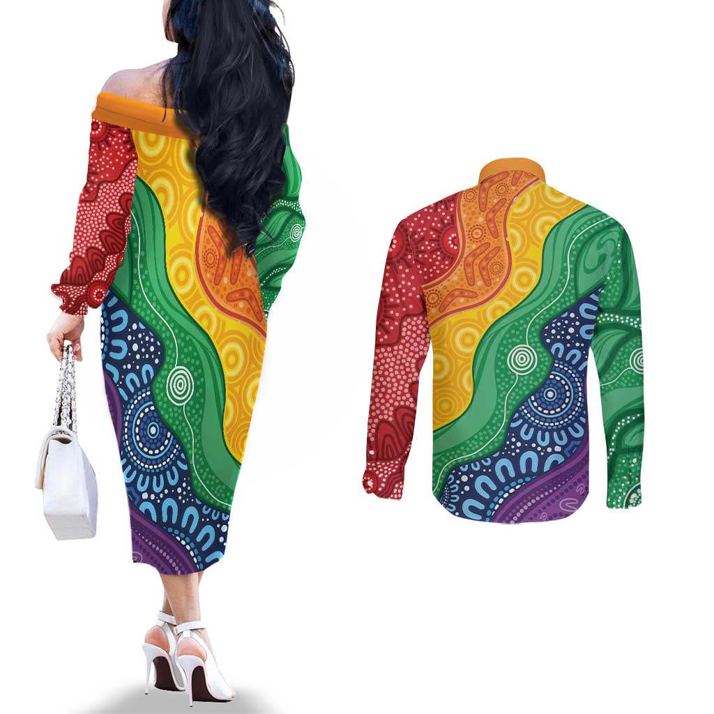 Australia First Nation LGBTQ+ Couples Matching Off The Shoulder Long Sleeve Dress and Long Sleeve Button Shirt Aboriginal Rainbow Flag