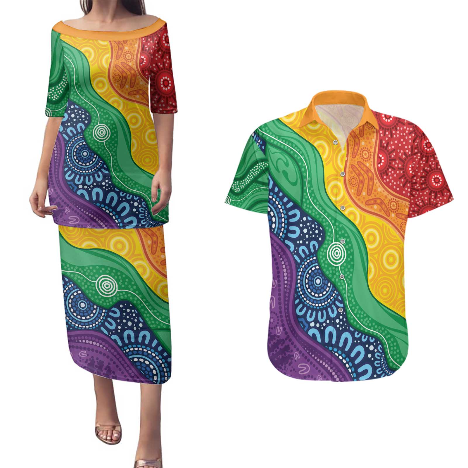 Australia First Nation LGBTQ+ Couples Matching Puletasi and Hawaiian Shirt Aboriginal Rainbow Flag