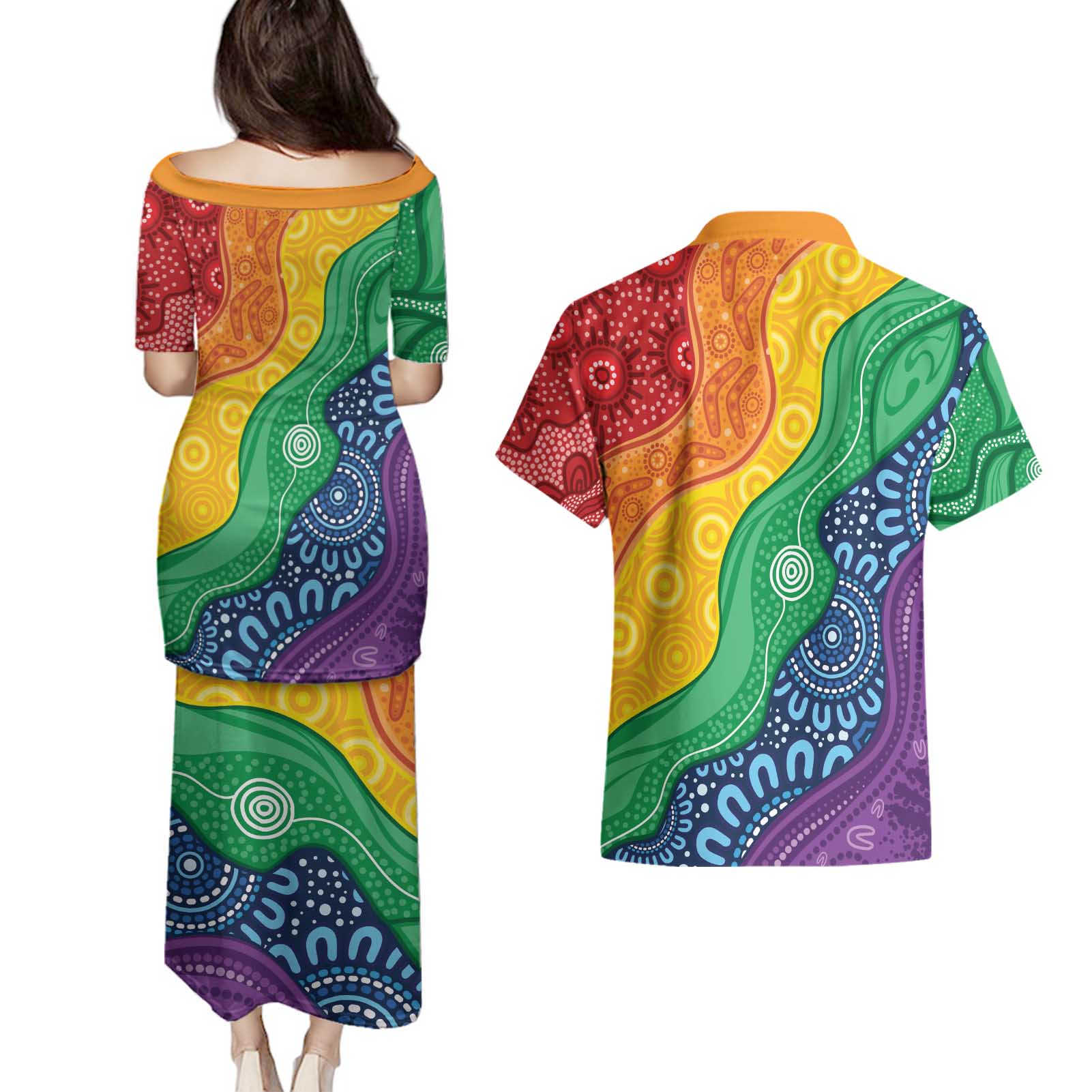 Australia First Nation LGBTQ+ Couples Matching Puletasi and Hawaiian Shirt Aboriginal Rainbow Flag