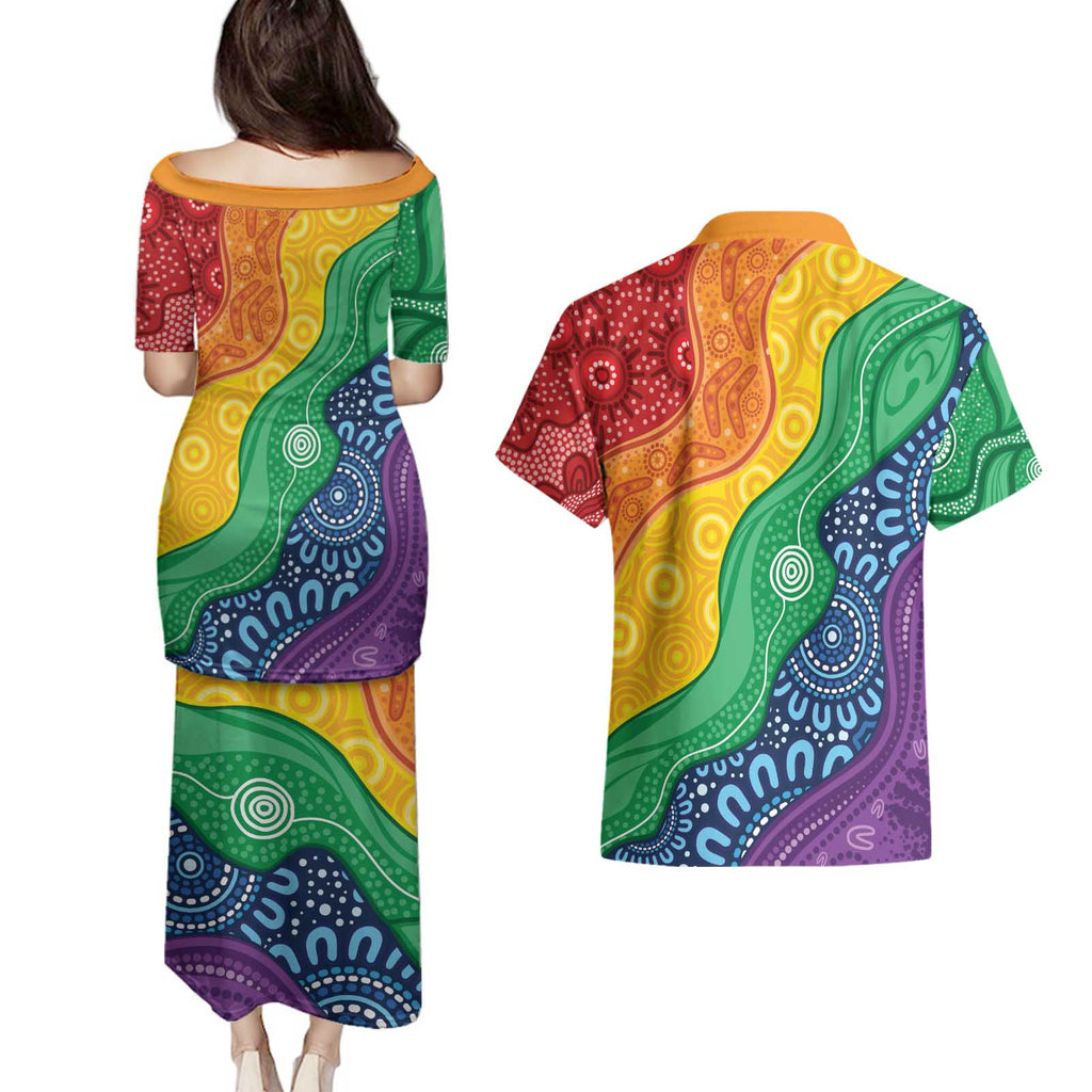 Australia First Nation LGBTQ+ Couples Matching Puletasi and Hawaiian Shirt Aboriginal Rainbow Flag