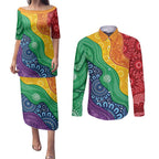 Australia First Nation LGBTQ+ Couples Matching Puletasi and Long Sleeve Button Shirt Aboriginal Rainbow Flag