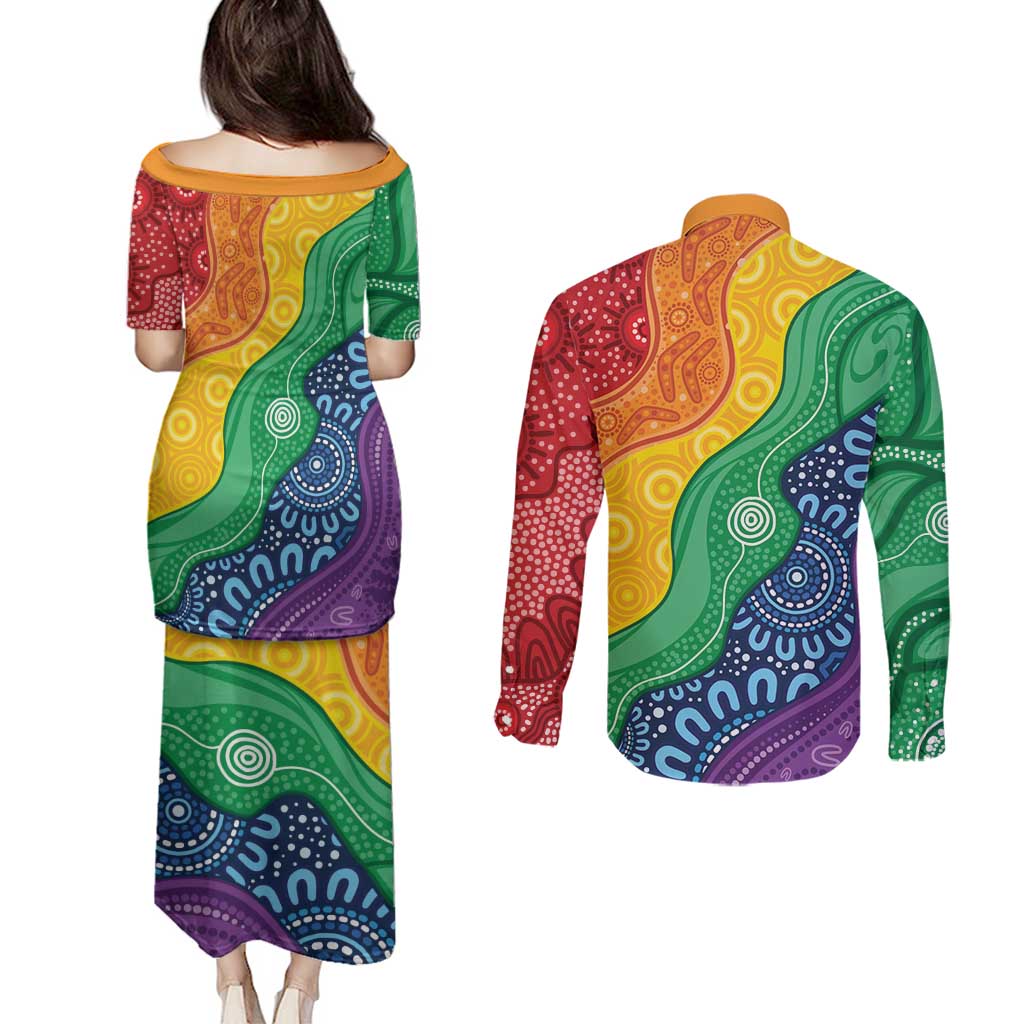 Australia First Nation LGBTQ+ Couples Matching Puletasi and Long Sleeve Button Shirt Aboriginal Rainbow Flag