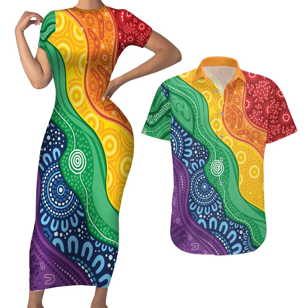 Australia First Nation LGBTQ+ Couples Matching Short Sleeve Bodycon Dress and Hawaiian Shirt Aboriginal Rainbow Flag