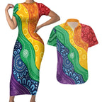 Australia First Nation LGBTQ+ Couples Matching Short Sleeve Bodycon Dress and Hawaiian Shirt Aboriginal Rainbow Flag