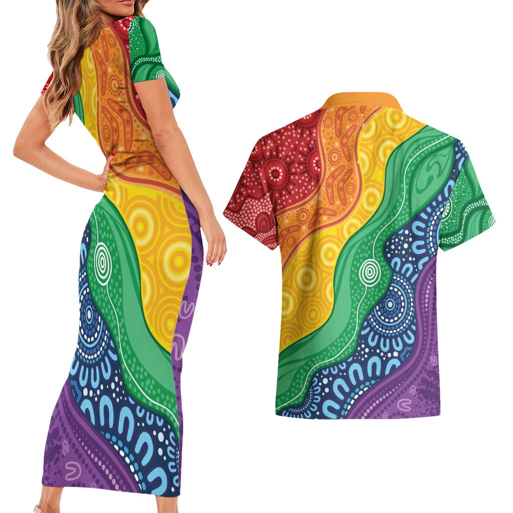 Australia First Nation LGBTQ+ Couples Matching Short Sleeve Bodycon Dress and Hawaiian Shirt Aboriginal Rainbow Flag