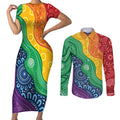 Australia First Nation LGBTQ+ Couples Matching Short Sleeve Bodycon Dress and Long Sleeve Button Shirt Aboriginal Rainbow Flag