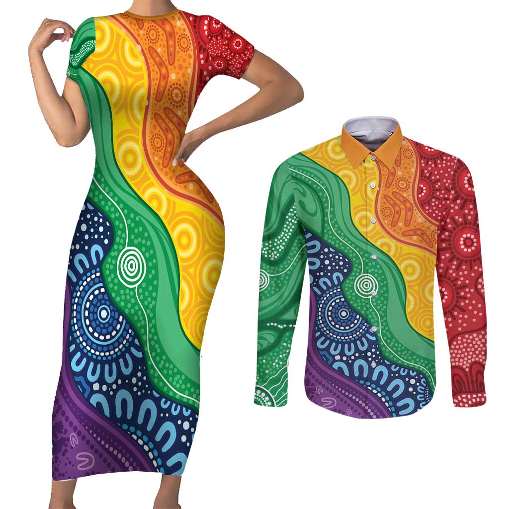 Australia First Nation LGBTQ+ Couples Matching Short Sleeve Bodycon Dress and Long Sleeve Button Shirt Aboriginal Rainbow Flag