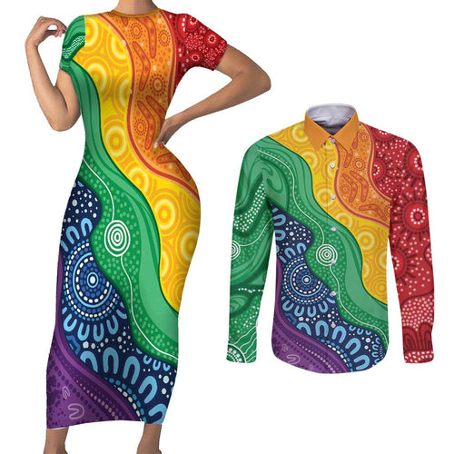 Australia First Nation LGBTQ+ Couples Matching Short Sleeve Bodycon Dress and Long Sleeve Button Shirt Aboriginal Rainbow Flag