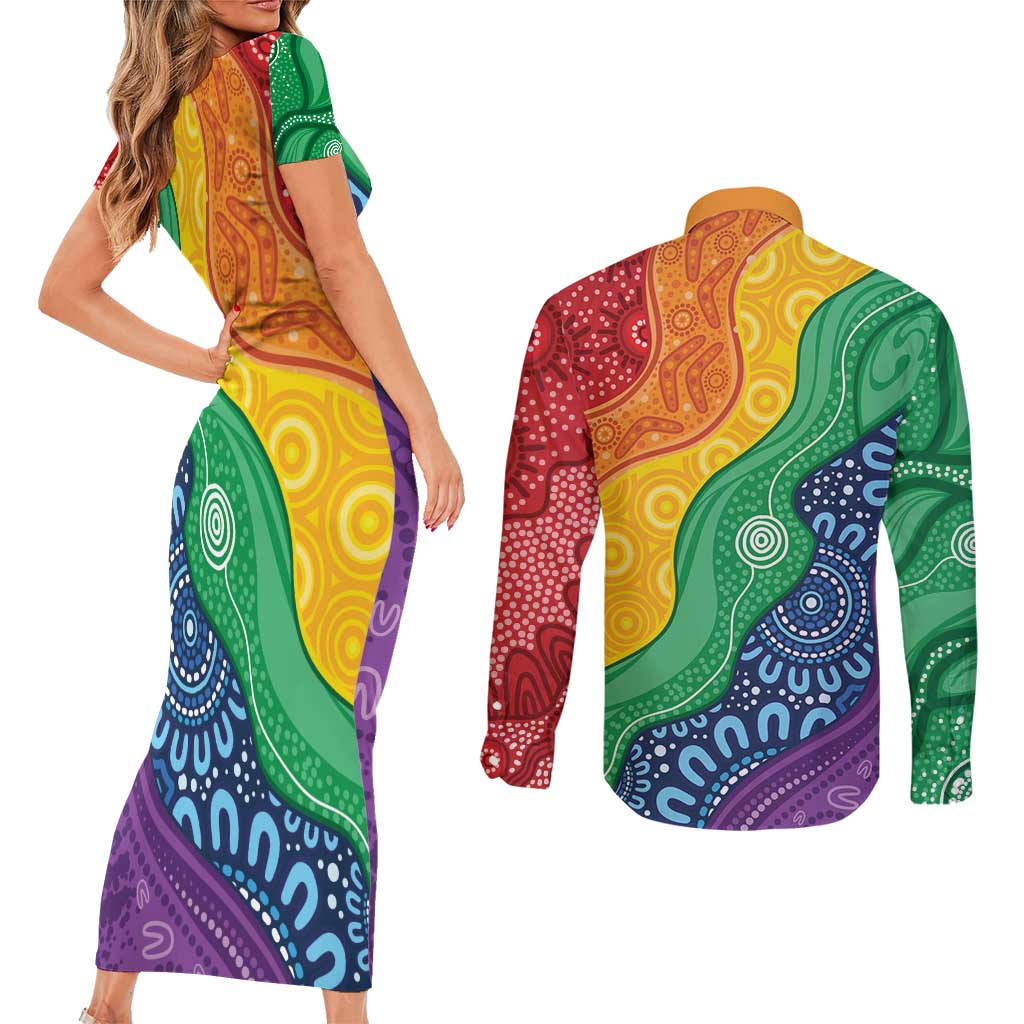 Australia First Nation LGBTQ+ Couples Matching Short Sleeve Bodycon Dress and Long Sleeve Button Shirt Aboriginal Rainbow Flag