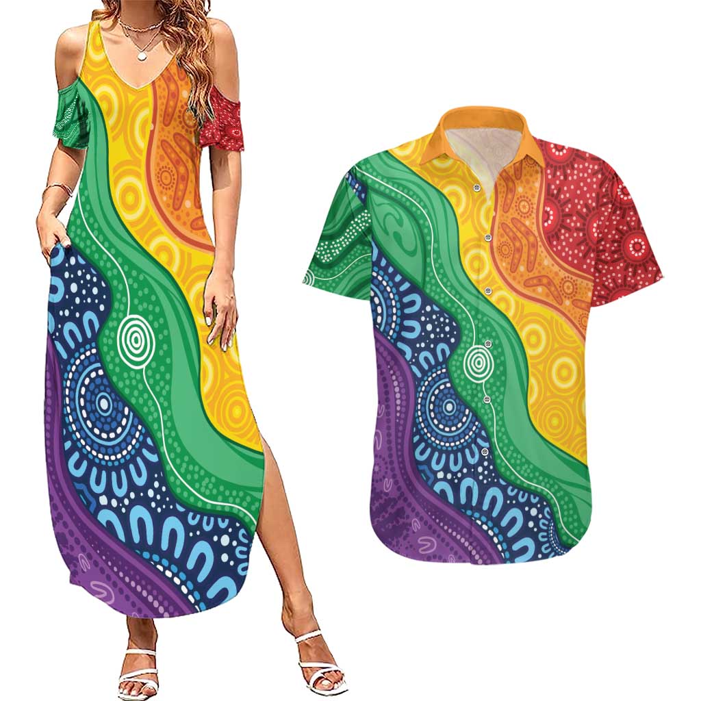 Australia First Nation LGBTQ+ Couples Matching Summer Maxi Dress and Hawaiian Shirt Aboriginal Rainbow Flag