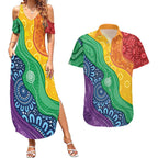 Australia First Nation LGBTQ+ Couples Matching Summer Maxi Dress and Hawaiian Shirt Aboriginal Rainbow Flag