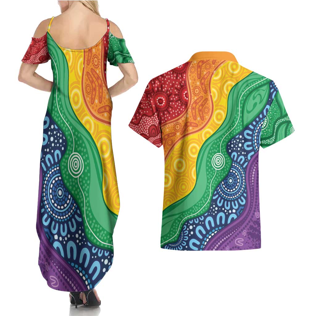 Australia First Nation LGBTQ+ Couples Matching Summer Maxi Dress and Hawaiian Shirt Aboriginal Rainbow Flag