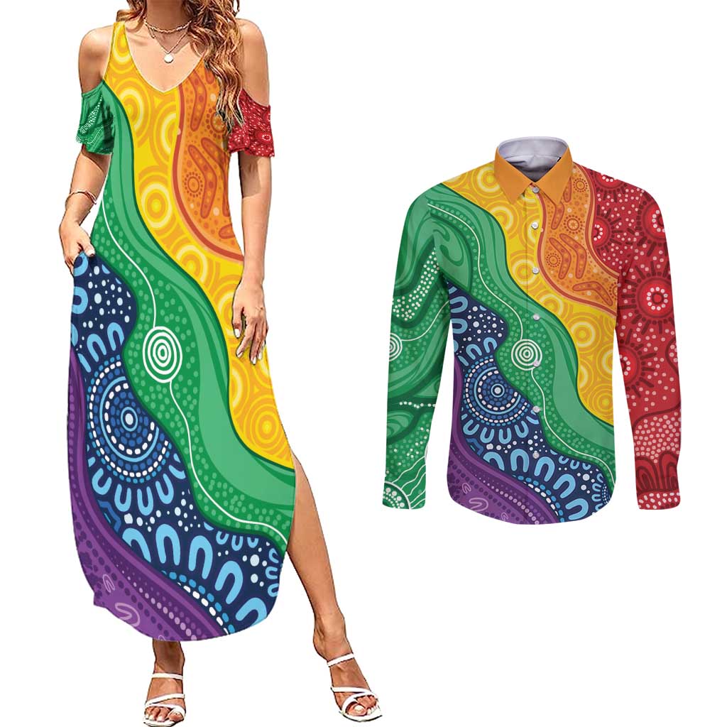 Australia First Nation LGBTQ+ Couples Matching Summer Maxi Dress and Long Sleeve Button Shirt Aboriginal Rainbow Flag