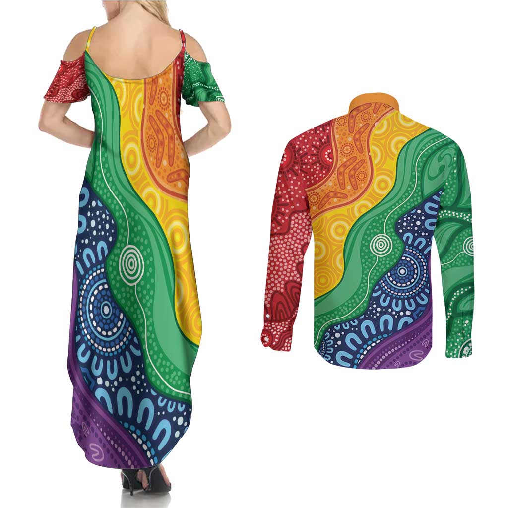 Australia First Nation LGBTQ+ Couples Matching Summer Maxi Dress and Long Sleeve Button Shirt Aboriginal Rainbow Flag